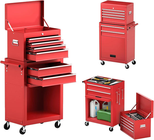 6-Drawer Tool Chest Cabinet with Wheels, Rolling Metal Tool Cart with Sliding Drawers and Protective Liner for Garage, Workshop,Red