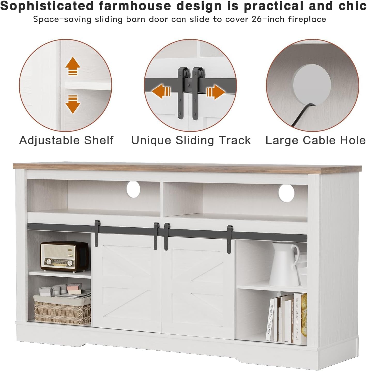 YESHOMY Fireplace TV Stand for Television up to 65+ Inch with Storage and Farmhouse Sliding Barn Doors, Entertainment Center with Cabinet and Shelves, Media Console for Living Room,Milk White