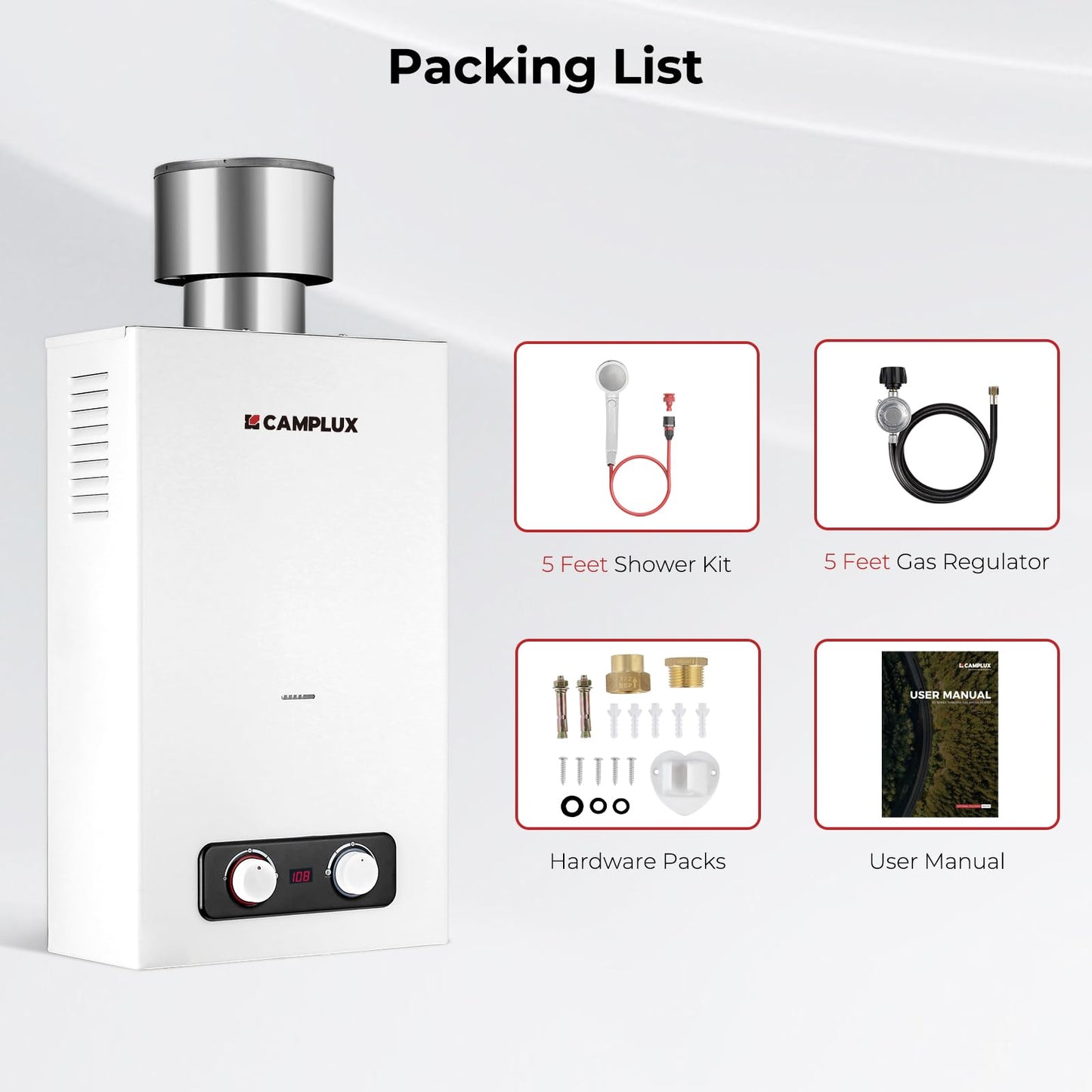 CAMPLUX 2.64 GPM Portable Tankless Water Heater, Outdoor Propane Water Heater with 4.33" S/S Rain Cap, for Camping, Cabin, Windproof Design, 68,000 BTU, BD264C