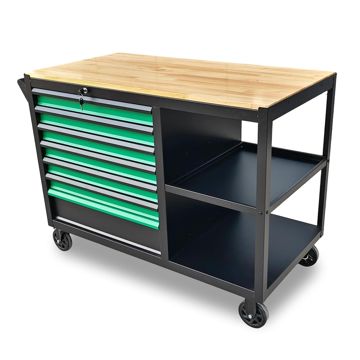StrideoooTrek Tool Cabinet with 7 Storage Drawers, Wood Top Workbench, Brake Caster,Lockable Drawer,Black Metal Frame Tool Chest with Double Shelves for Garage, Workshop, or Outdoor Use(7 Drawers)