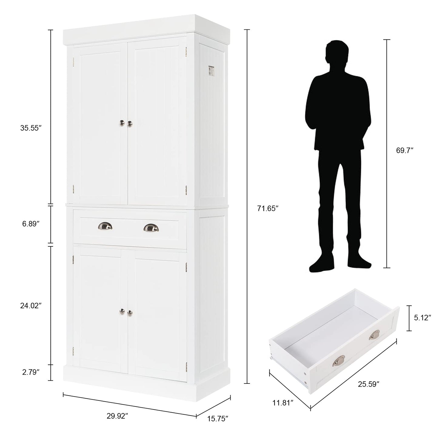 VINGLI 71-Inch White Storage Cabinets with Drawers, Freestanding Pantry Cabinets with Doors and Shelves Adjustable, Wood Farmhouse Kitchen Pantry Cupboard