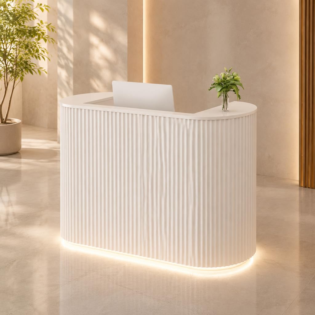 Modern Curved Reception Desk 47 Inch, LED Light Reception Counter with Power Outlet, Lockable Drawer Storage Cabinet for Salon Office Lobby Retail Store