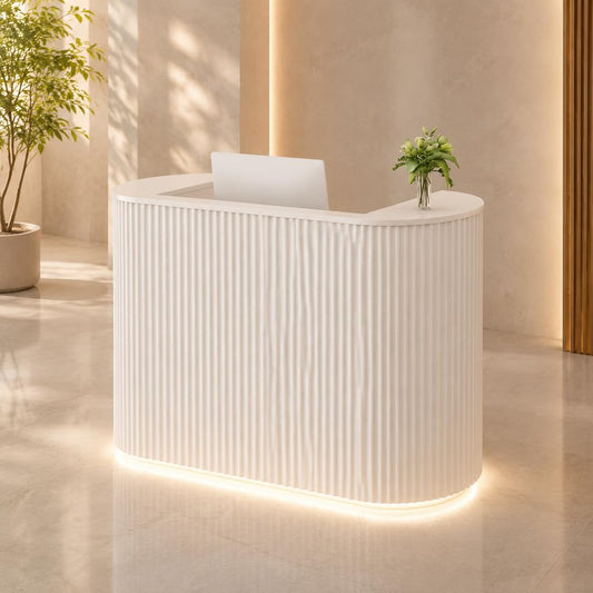 Modern Curved Reception Desk 47 Inch, LED Light Reception Counter with Power Outlet, Lockable Drawer Storage Cabinet for Salon Office Lobby Retail Store