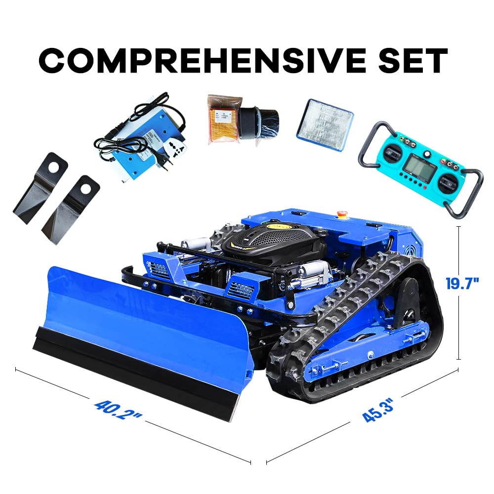 Remote Control Lawn Mower with Snow Plow Attachment–700m Range, Hybrid Gas-Electric Power, Track Design, All-Terrain, Adjustable Cutting Height (0.79-5.9 inches)
