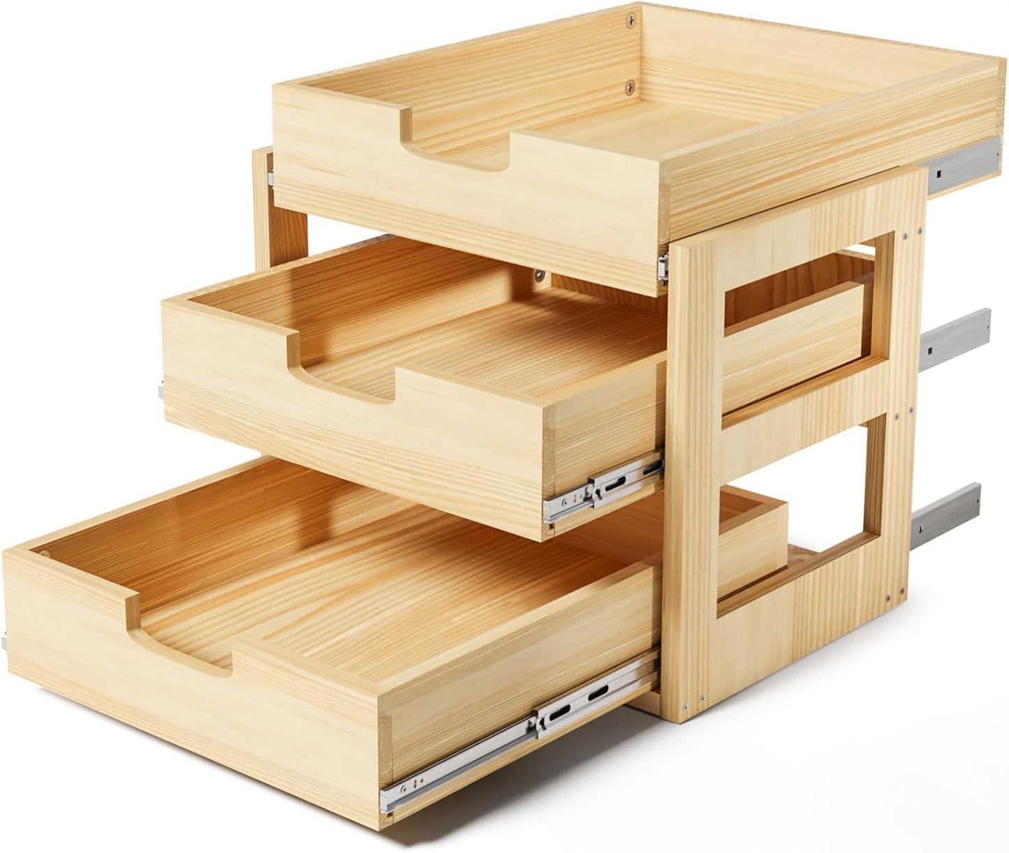 Gsskny Pull Out Cabinet Organizer, 26''W×21''D Sliding Drawers for Cabinets, 3 Tier Soft Close Slide Out Wooden Pull out Drawers, Base Cabinet Organization for Kitchen, Pantry, Bathroom.