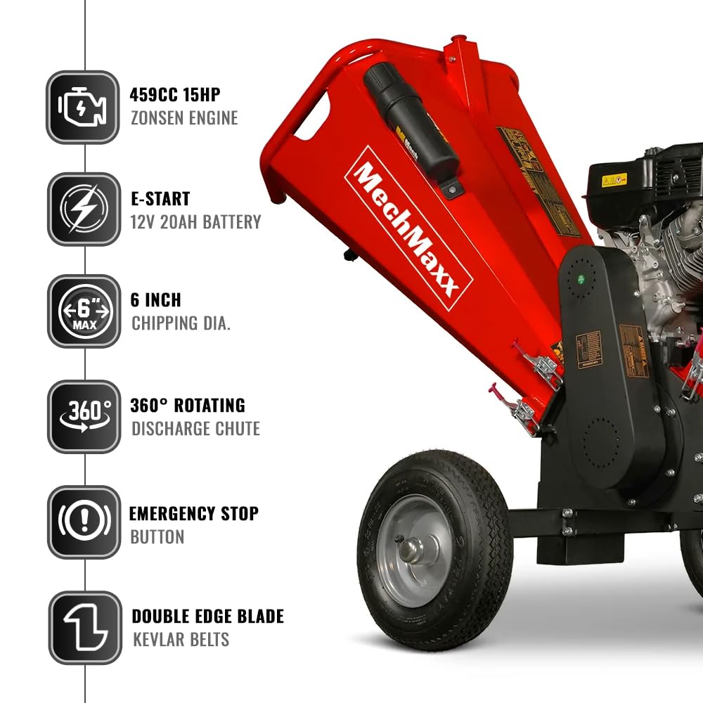MechMaxx 5'' inch ZONSEN 459cc 15hp E-Start Gas Powered Wood Chipper Shredder Mulcher with Towbar/Emergency Stop Button, Model GS1500 Red
