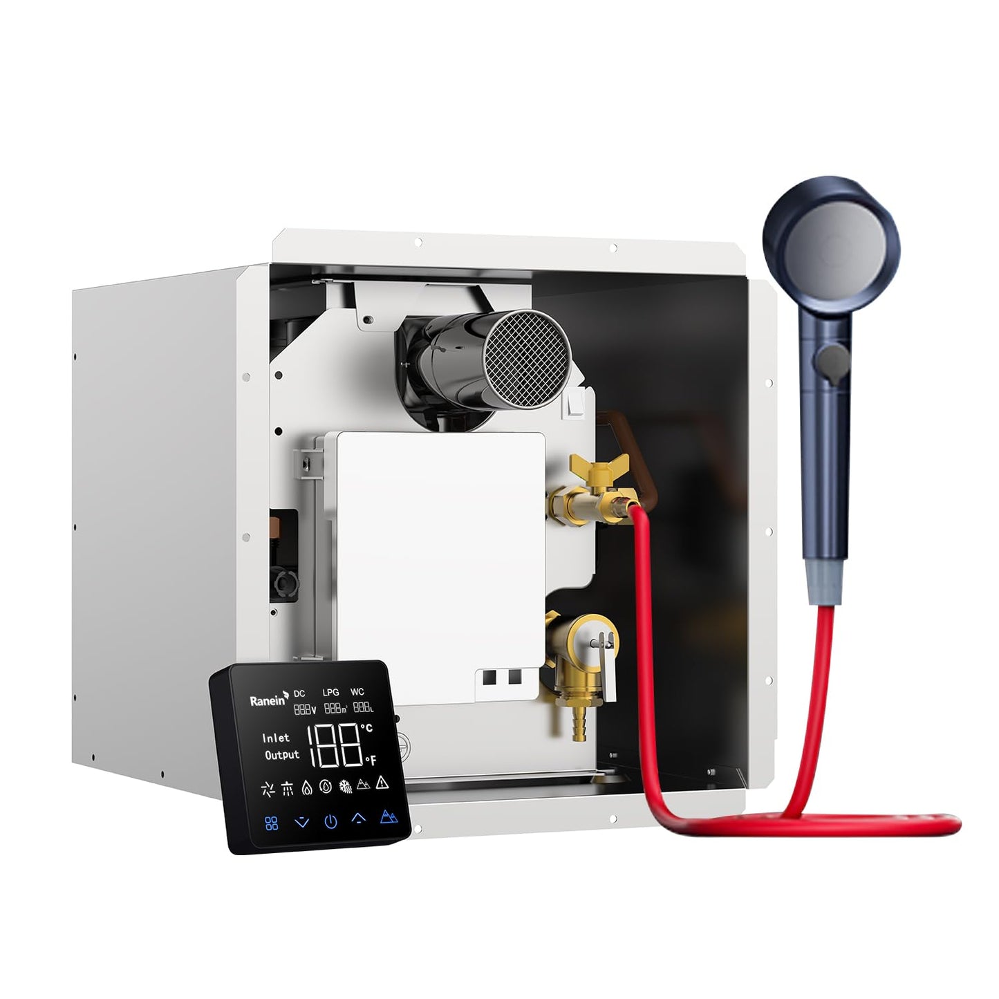 Ranein RV Tankless Water Heater 65,000 BTU, On-Demand Propane Instant Hot Water, Zero Cold Water Start, Thermostatic Mixing Chamber, External Showerhead, High Altitude Ready, Family Use