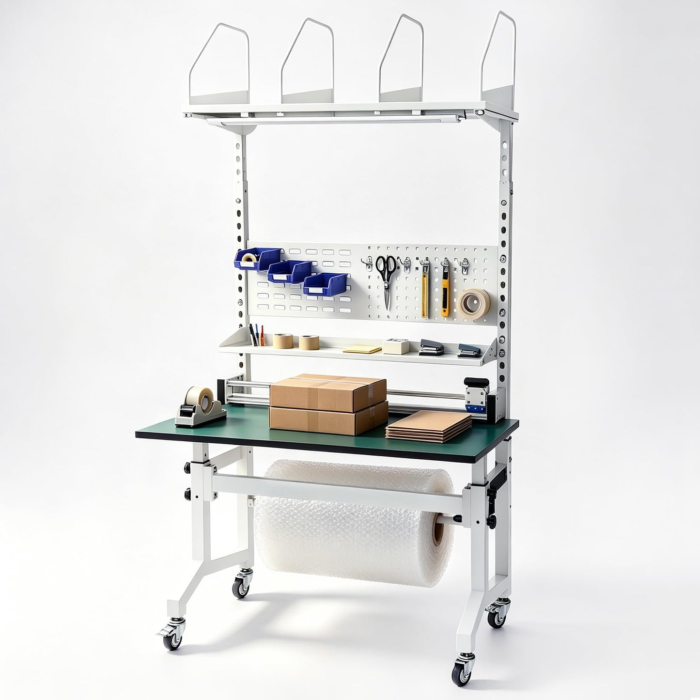 NEESEEYEE E-Commerce Packing Table, Mobile Iron-Wood Shipping Station with Built-in Power & LED, Ergonomic Standing Workbench with ESD Surface, Tape Dispenser & Storage Shelves, 1400 LBS
