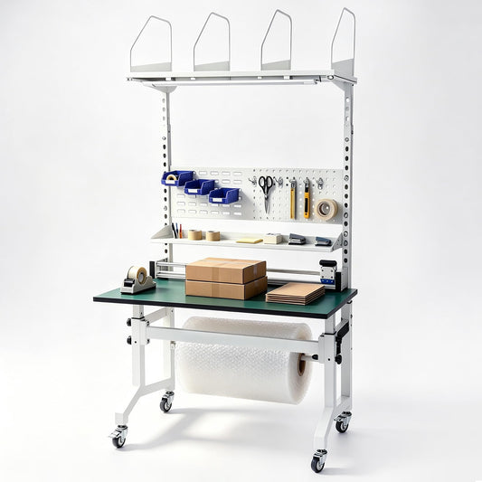 NEESEEYEE E-Commerce Packing Table, Mobile Iron-Wood Shipping Station with Built-in Power & LED, Ergonomic Standing Workbench with ESD Surface, Tape Dispenser & Storage Shelves, 1400 LBS