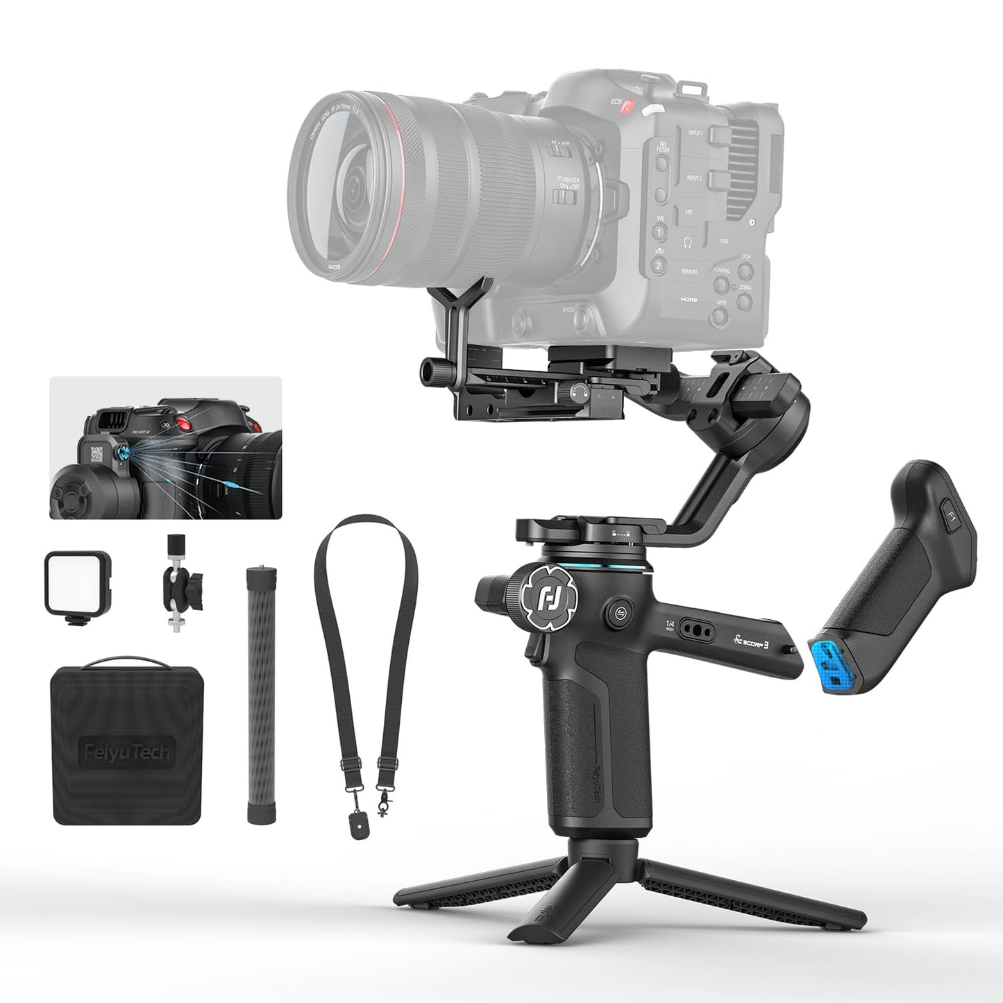 Feiyu SCORP 3 Kit Gimbal Stabilizer for DSLR and Mirrorless Camera,Built-in AI Tracker,Detachable Remote Handle,for Canon/Sony/Nikon/Fujifilm,7.72lbs Payload, Professional Video Stabilizer + Case
