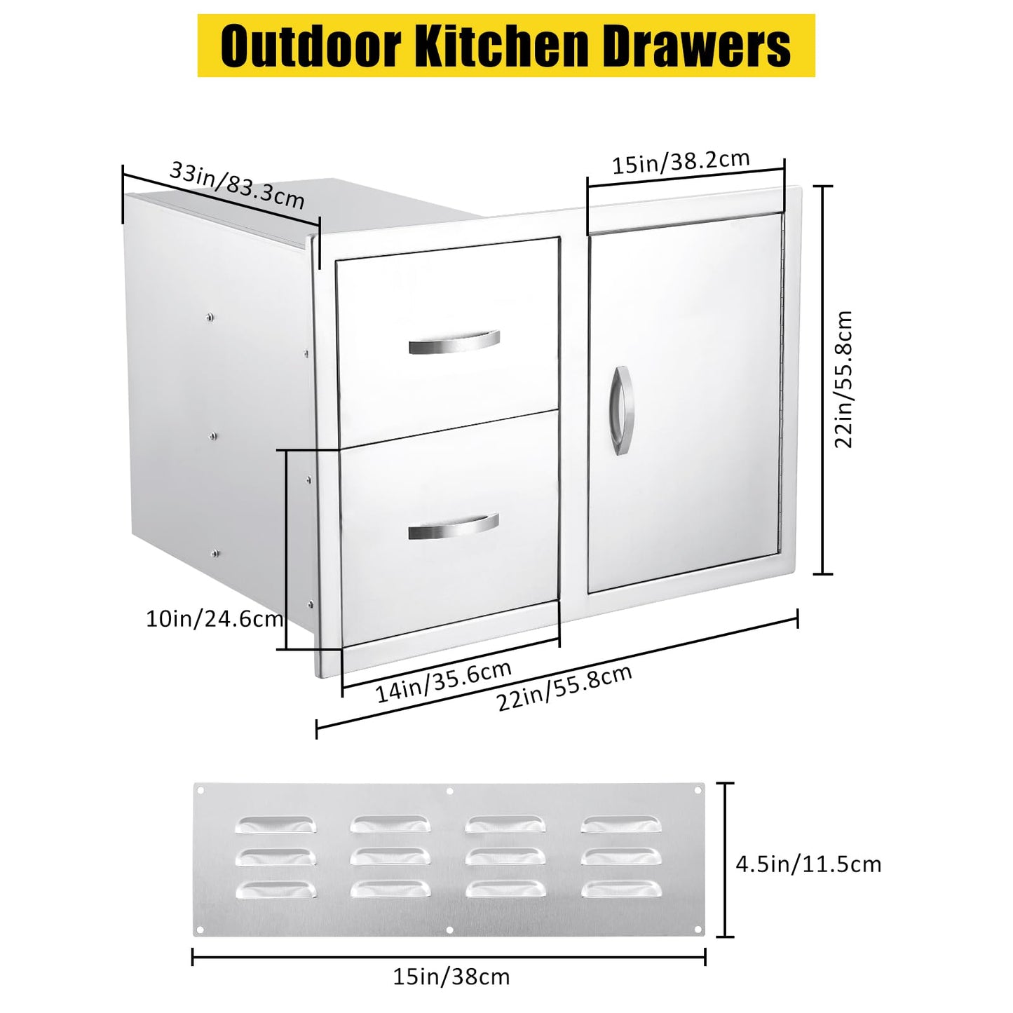  Outdoor Kitchen Drawer 33''W x 22''H x 22''D, BBQ Access Door Drawers Combo with Paper Towel Rack, Stainless Steel Outdoor Kitchen Cabinets for BBQ Island Grill Station Storage Cabinet