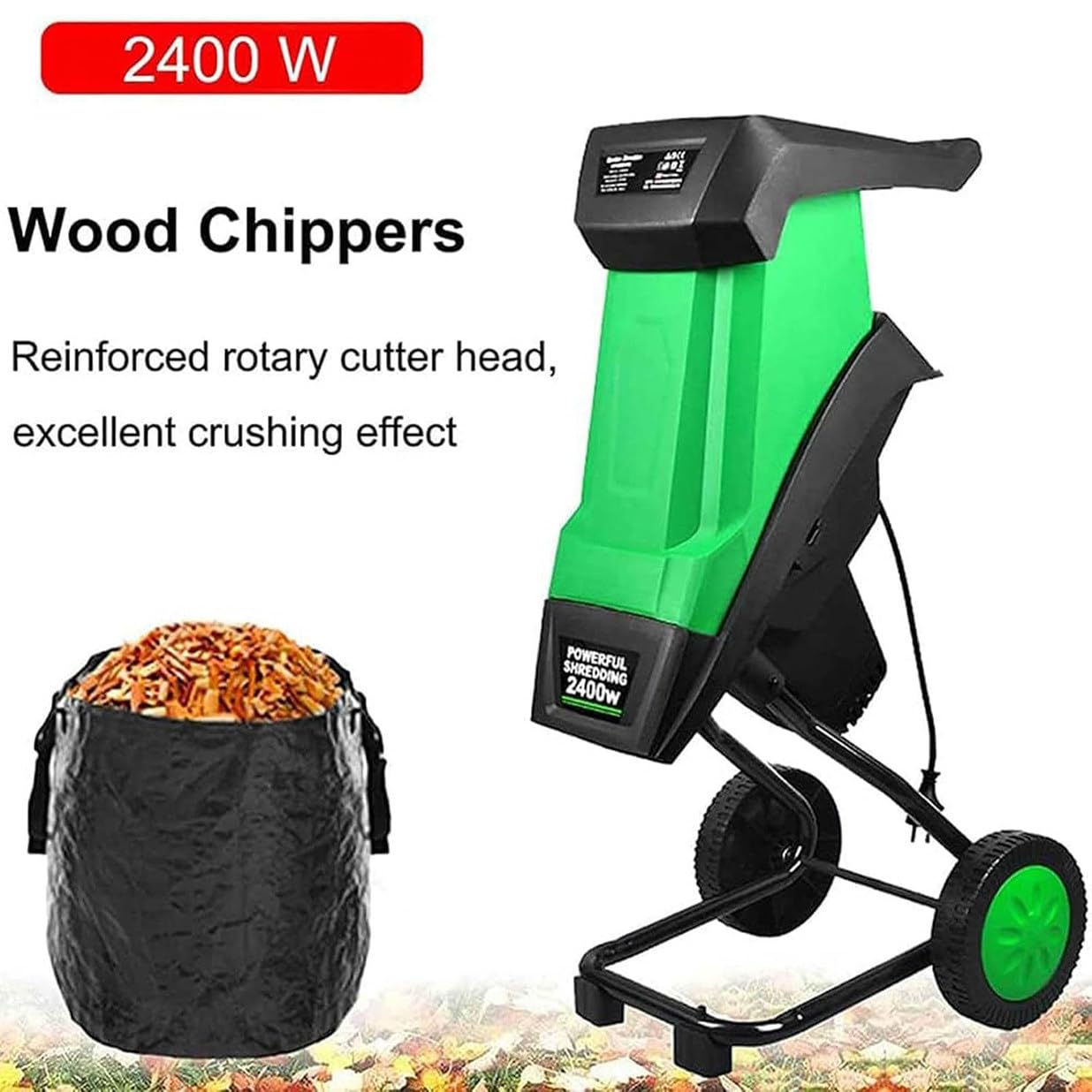 CYMYYDS 2400W Electric Garden Shredder, Wood Chipper Garden Mulcher for Leaves and Branches with 50L Collection Bag & Wheels, Max Diameter 40mm, for Yard Cleanup, Composting Green