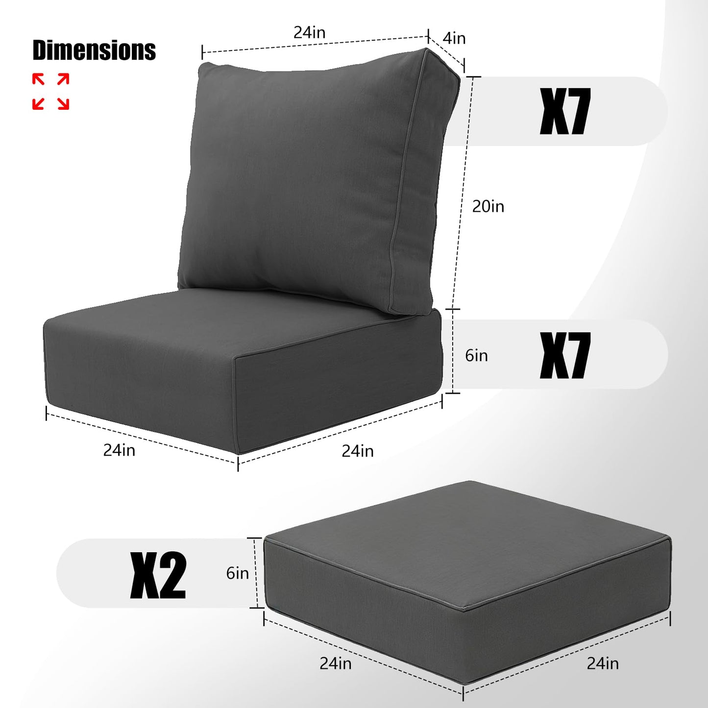 (Only Cushions)16 Piece Patio Cushion Set for 10 Pieces Wicker Rattan Conversation Sofa Set with Swivel Rocking Chair and Ottomans,6" Thick Cushion for 7 Person Patio Conversation Sets (24*24in)
