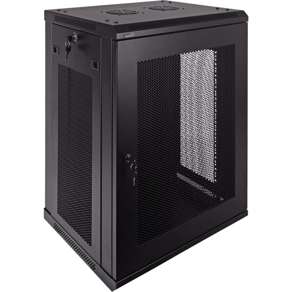 NavePoint 15U Server Rack Enclosure - 17.7” Deep, Wall Mount Network Cabinet with Locking Perforated Door, 19” IT Equipment Compatible, Network Rack, Removable Side Panels, Black