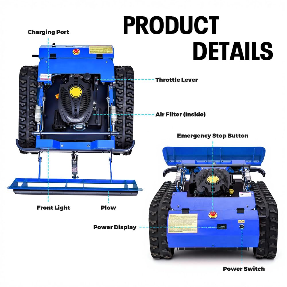 Remote Control Lawn Mower with Snow Plow Attachment–700m Range, Hybrid Gas-Electric Power, Track Design, All-Terrain, Adjustable Cutting Height (0.79-5.9 inches)