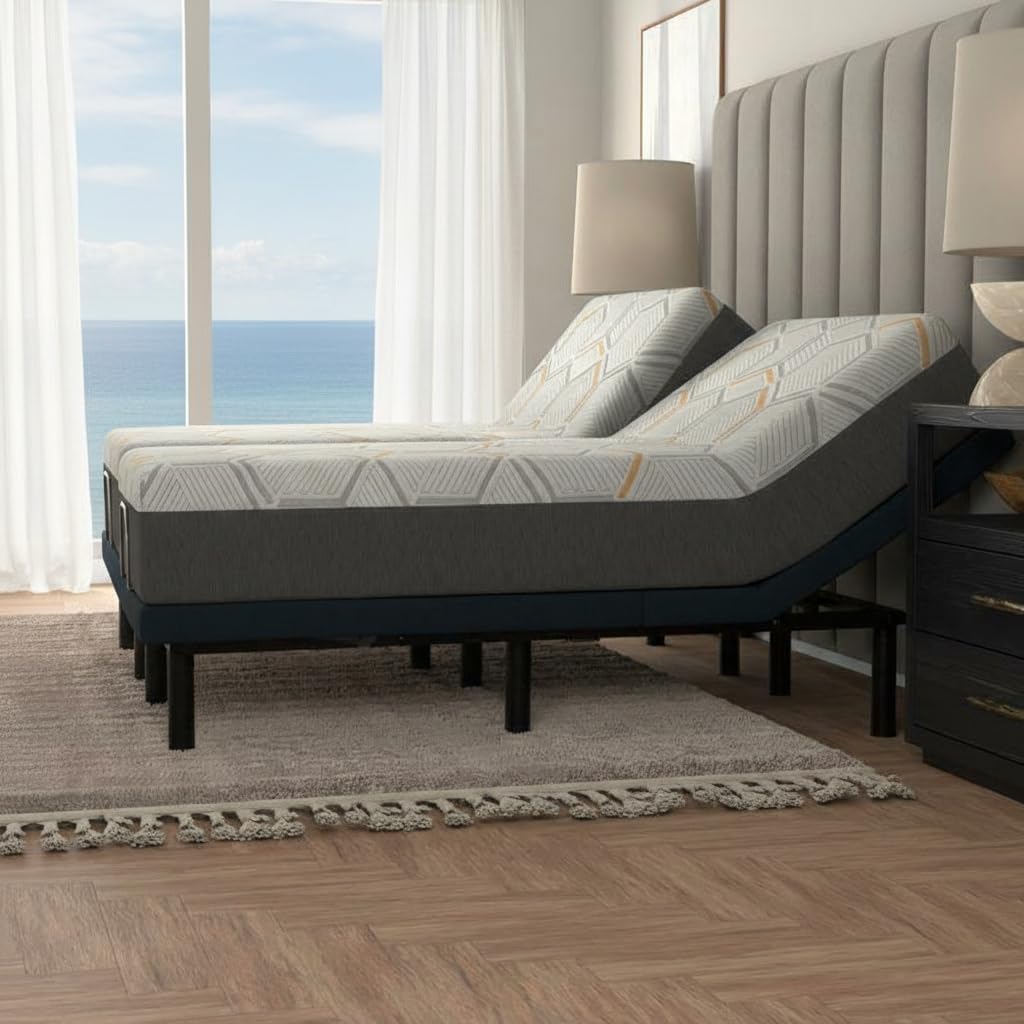 Bevery Hills Bed Adjustable Base with 12" Mattresses. Massage, USB Ports, LED Lighting, Modern Style, Wireless Remote Control (Split Top King)