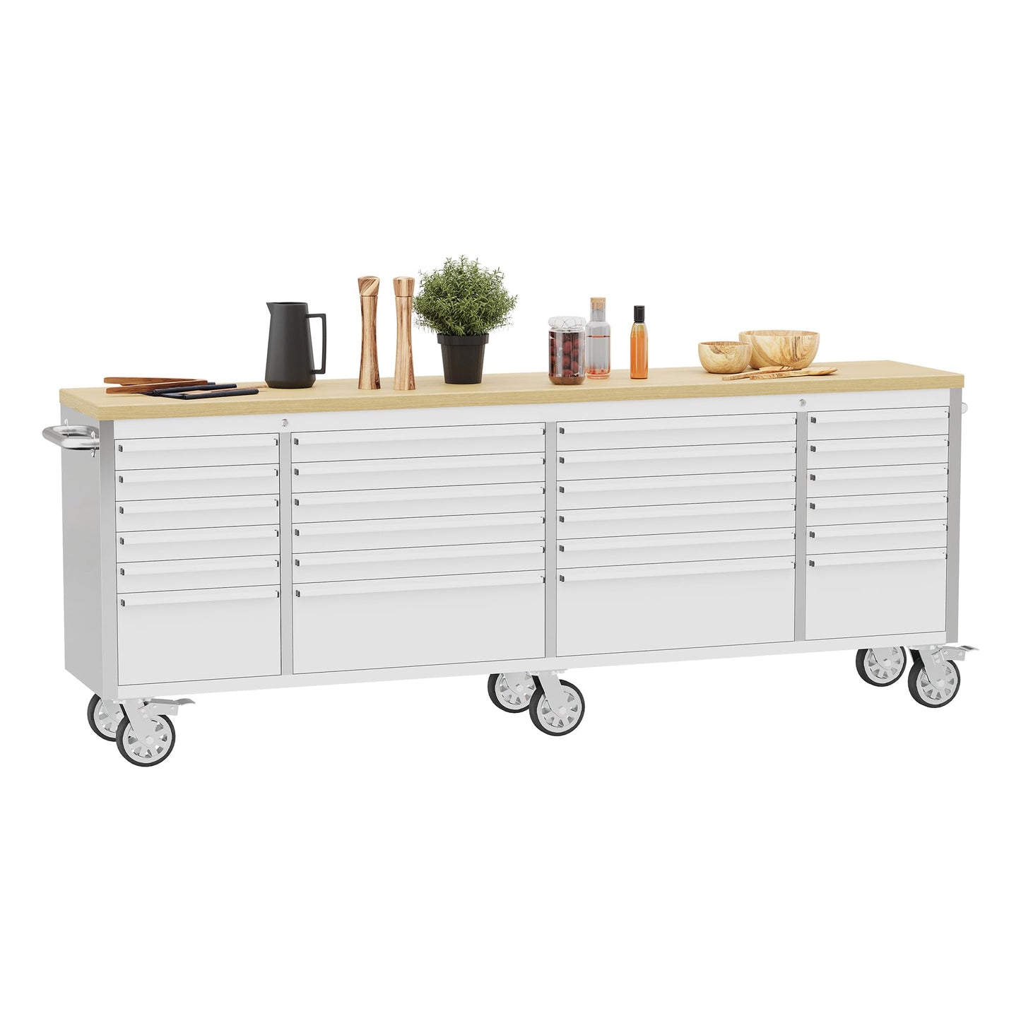 Garvee 96 Inch Rolling Tool Chest Workbench with Solid Wood Top, 24 Drawer Lockable Tool Storage Cabinet on Wheels, Heavy Duty Mobile Tool Box Cart for Garage, Workshop and Repair Shop
