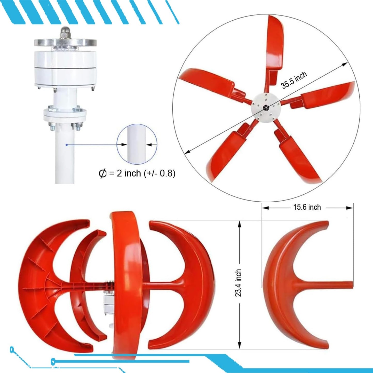 CLPYING 16000W Wind Turbines Generator,5 Blades 12V/24V/48V Vertical Axis Wind Turbines Generator Kit,3 Phase AC Permanent Magnet Generator Kit for Home Hybrids Streetlight Use(Red,48V)