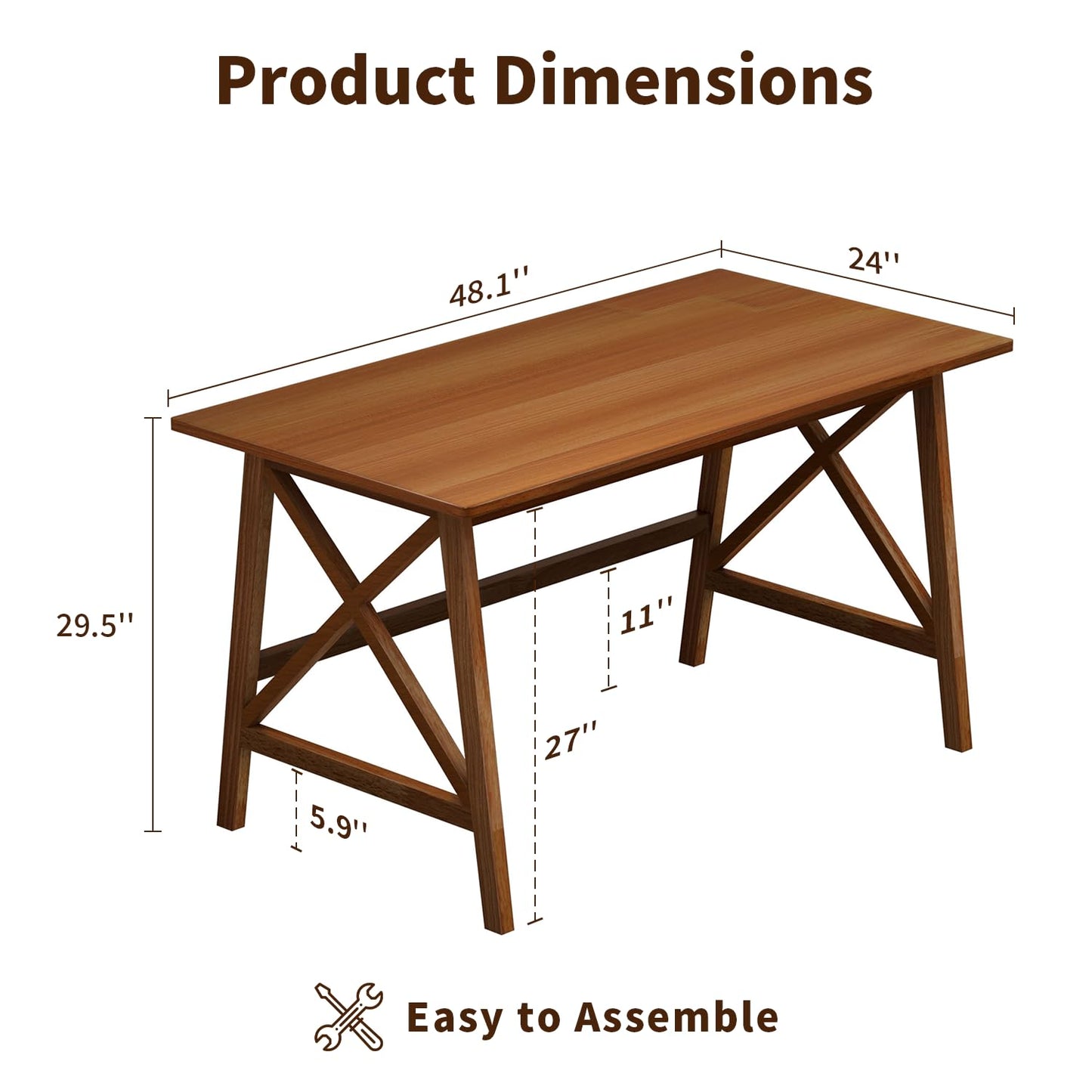 NELYE Modern Solid Wood Desk - 48" Simple Computer Table for Home Office Study Writing Workstation in Walnut, 48" W x 24" D