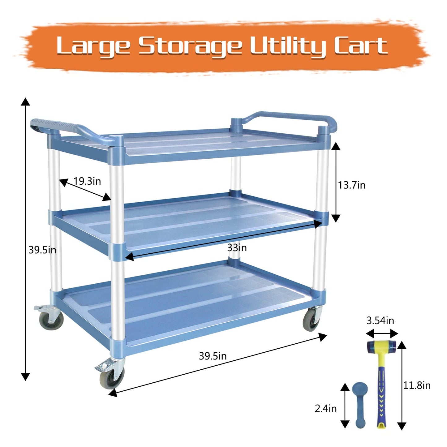 Utility Carts with Wheels Large Size Rolling Cart with Wheels Heavy Duty 600 LBS Food Cart with Lockable Wheels and Hammer for Kitchen/Office/Warehouse, 39.5" D x 19.3" W x 39.5" H(Grey Large Size)