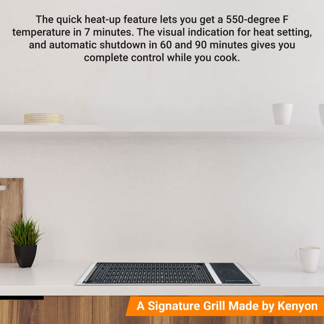 Kenyon No-Lid Built-In Electric Grill, Stainless Steel Grill With Single Burner, Quick Heat Up, Digital Touch Panel, UL-Approved For Indoor And Outdoor Use, Dishwasher Safe Grate, 120V