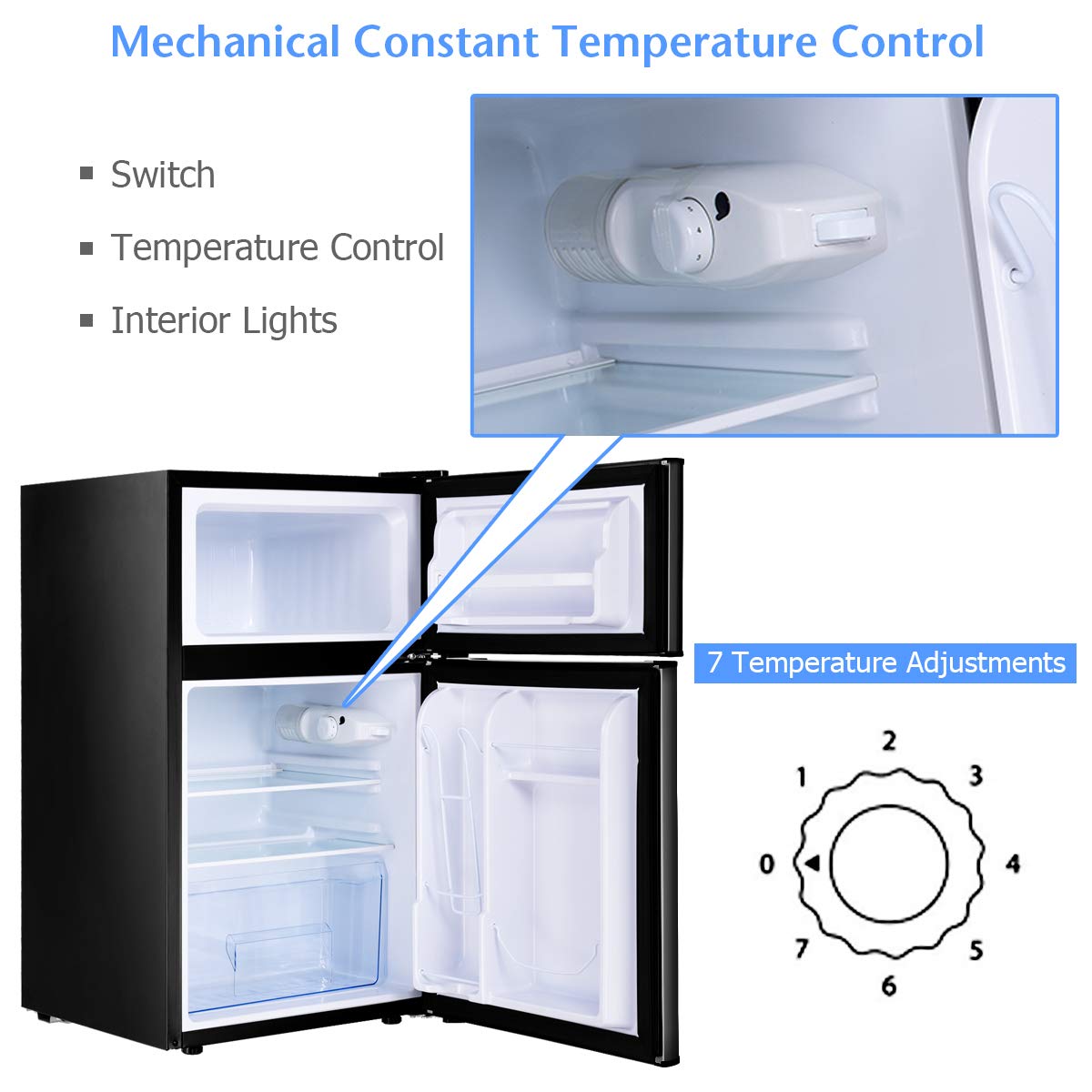 COSTWAY Mini Fridge with Freezer, 3.2 Cu.ft. 2-Door Mini Freezer Cooler Fridge w/Reversible Door, Removable Glass Shelves, Mechanical Control, Small Refrigerator for Bedroom, Dorm, Office (Black)