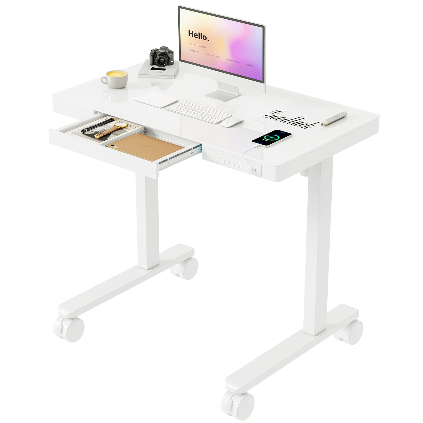 Monomi 35" Glass Standing Desk with Drawer and USB Ports, Electric Height Adjustable Desk for Home Office, White Sit Stand Table with Storage, Easy Assembly Computer Desk for Small Spaces