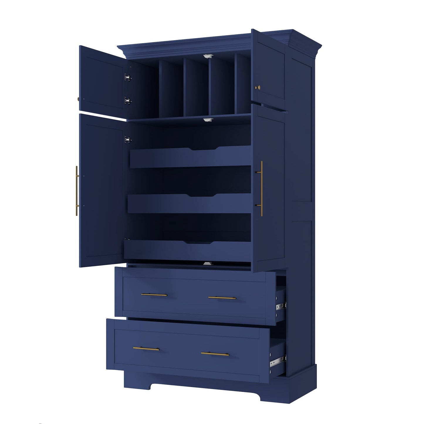 Merax 72.6" Farmhouse Kitchen Pantry Cabinet with Pull-Out Trays & Drawers, Freestanding Pantry with Cake Pan Storage, 4-Door Shaker Style Storage Cabinet, 40" L x 18" W, Blue