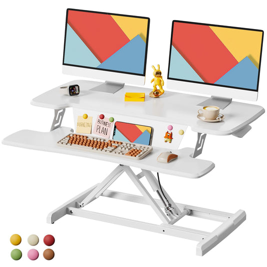 JOY worker Standing Desk Converter, 35" Height Adjustable Sit Stand Up Desk Riser with Keyboard Tray & 6 Fridge Magnets, Desktop Workstation Riser for Home Office Computer Laptop, White