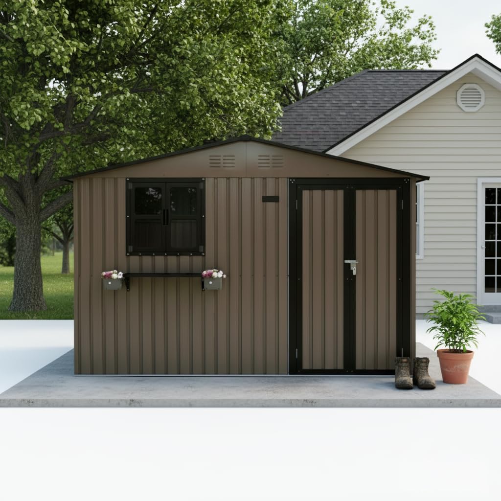 10x8 FT Storage Shed,Outdoor Metal Building Backyard Shed with 2 Clear Openable Windows,Windowsill & Garden Bed Flower Rack,Lockable Double Doors Tool Shed, Heavy Duty Waterproof,for Yard,Brown