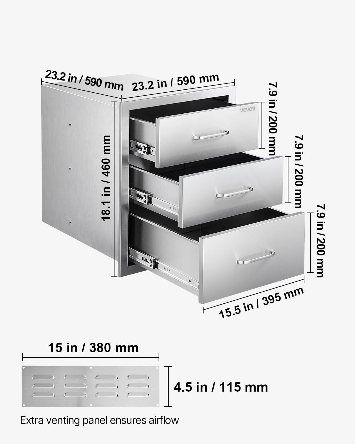 VEVOR Outdoor Kitchen Cabinets 18.11"W x 23.23"D x 23.23"H, Triple-Access Stainless Steel BBQ Drawers with Handles, BBQ Island Drawer for Outdoor Kitchens, Barbeque Island Patio Grill Station