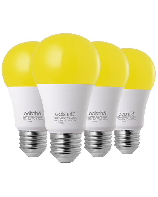 EDISHINE Dusk to Dawn Bug Light Bulbs, 2000K Amber Glow, 9W (60W Equivalent), E26 Base, 4 Pack, UL Listed