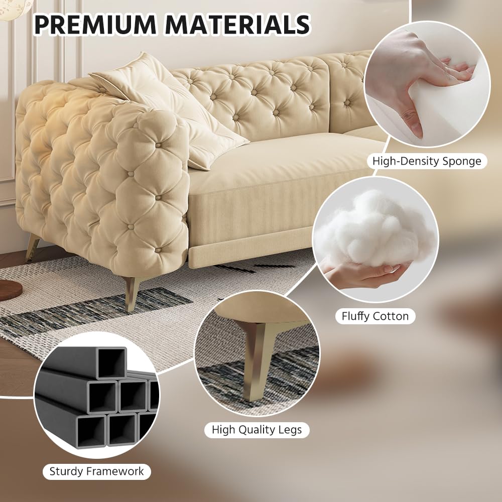 Ball & Cast 3-in-1 Convertible Sleeper Sofa with Movable Ottoman,97.7" Velvet Pull Out Sofa Bed, Modern Button Tufted 4-Seater Sofa Couch with Deep Seat for Living Room, Apartment,Office,Apricot