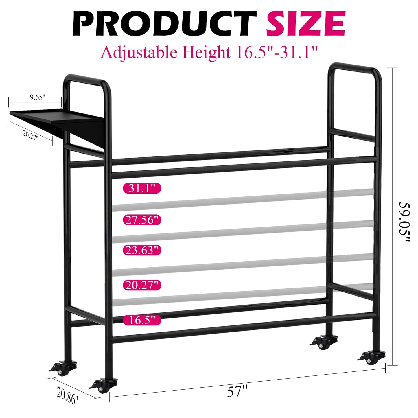 NouraVita Adjustable Rolling Tire Rack for Garage, Heavy-Duty 660LBS Capacity Tire Storage Stand with 4 Self-Locking Casters & Tool Shelf, 59" H x 59" W x 21" D