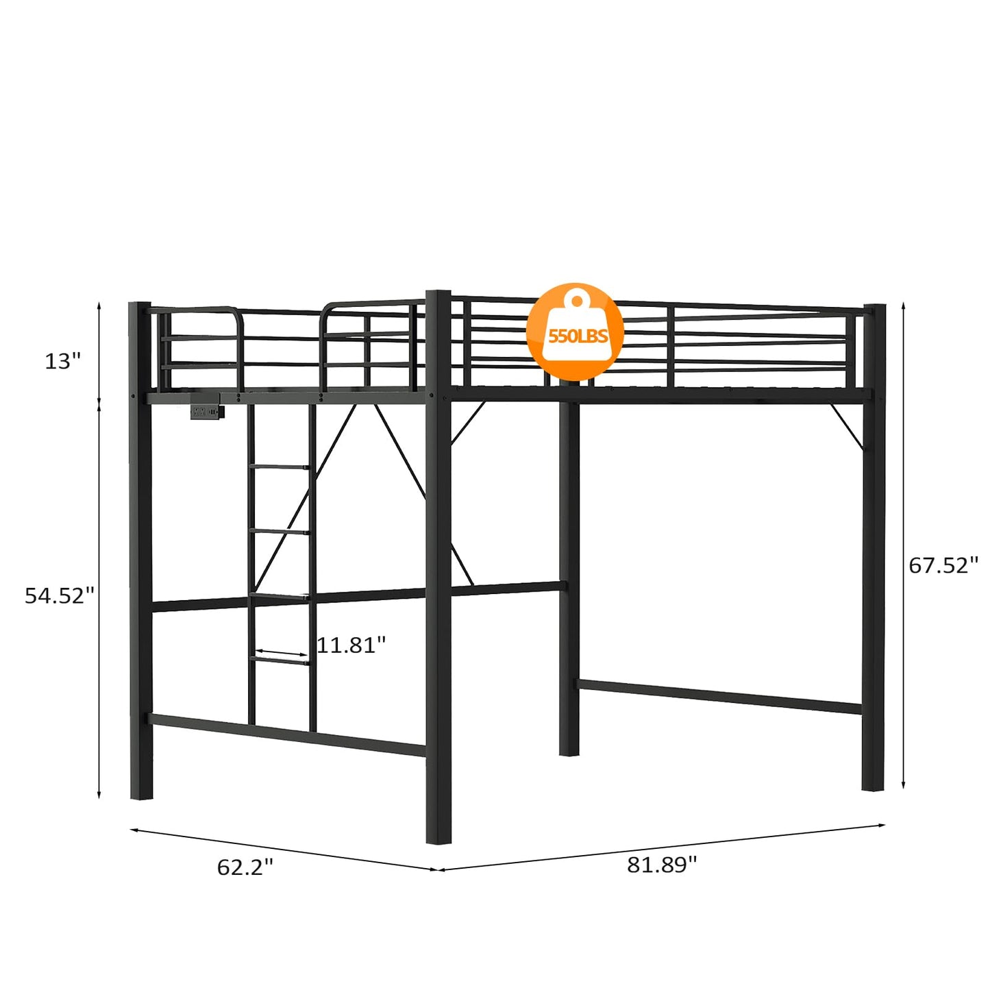 VINGLI Loft Bed Queen Size with Charging Station and LED Lights,Safety Guardrail and Stair for Teens/Adults, No Box Spring Needed, Heavy Duty Metal Support Slat, Black
