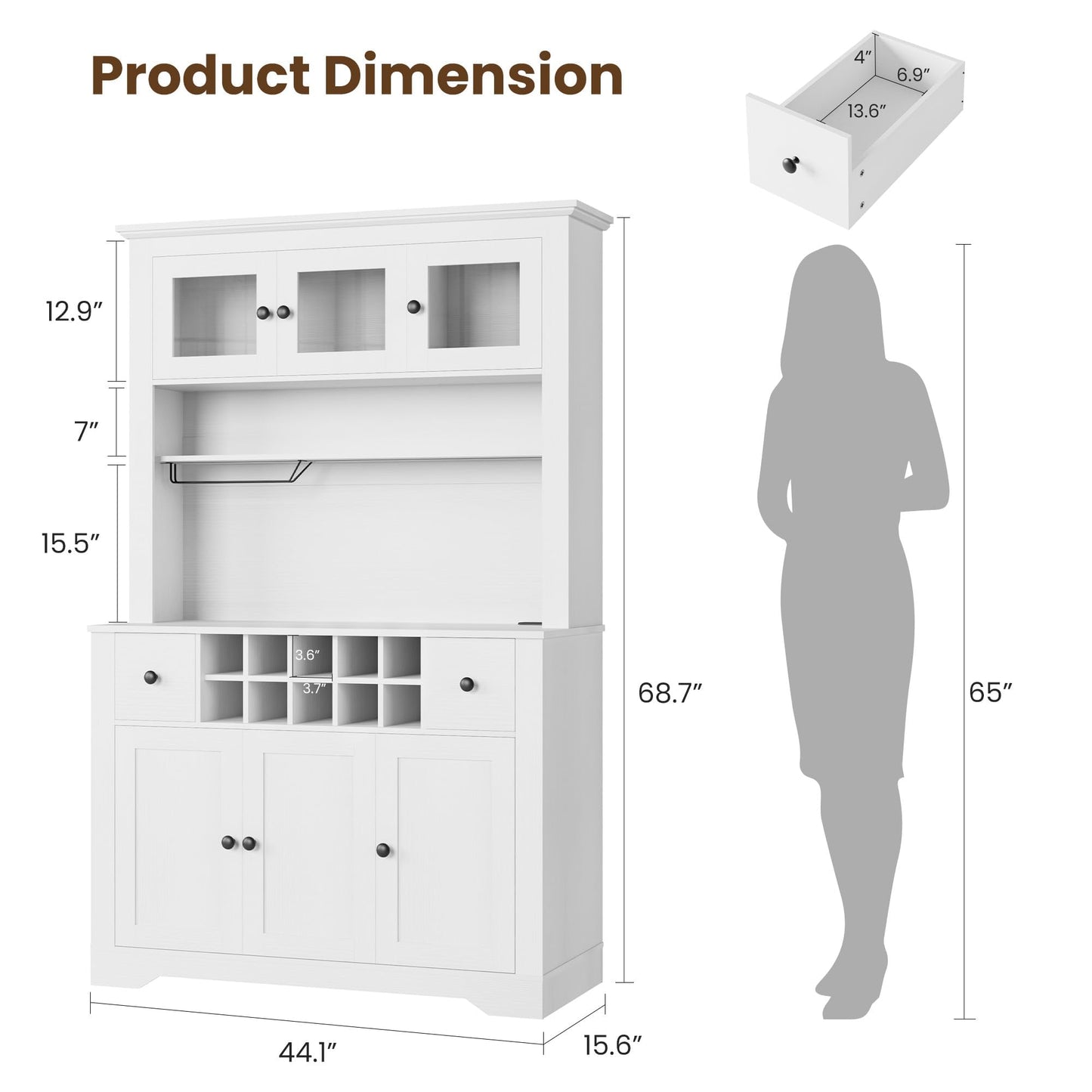 GAOMON 69" Pantry Cabinet with LED Light & Charging Station, Kitchen Pantry Storage Cabinet with Drawer & Adjustable Shelves, Coffee Bar Table for Kitchen Room, Living Room, Dining Room, White