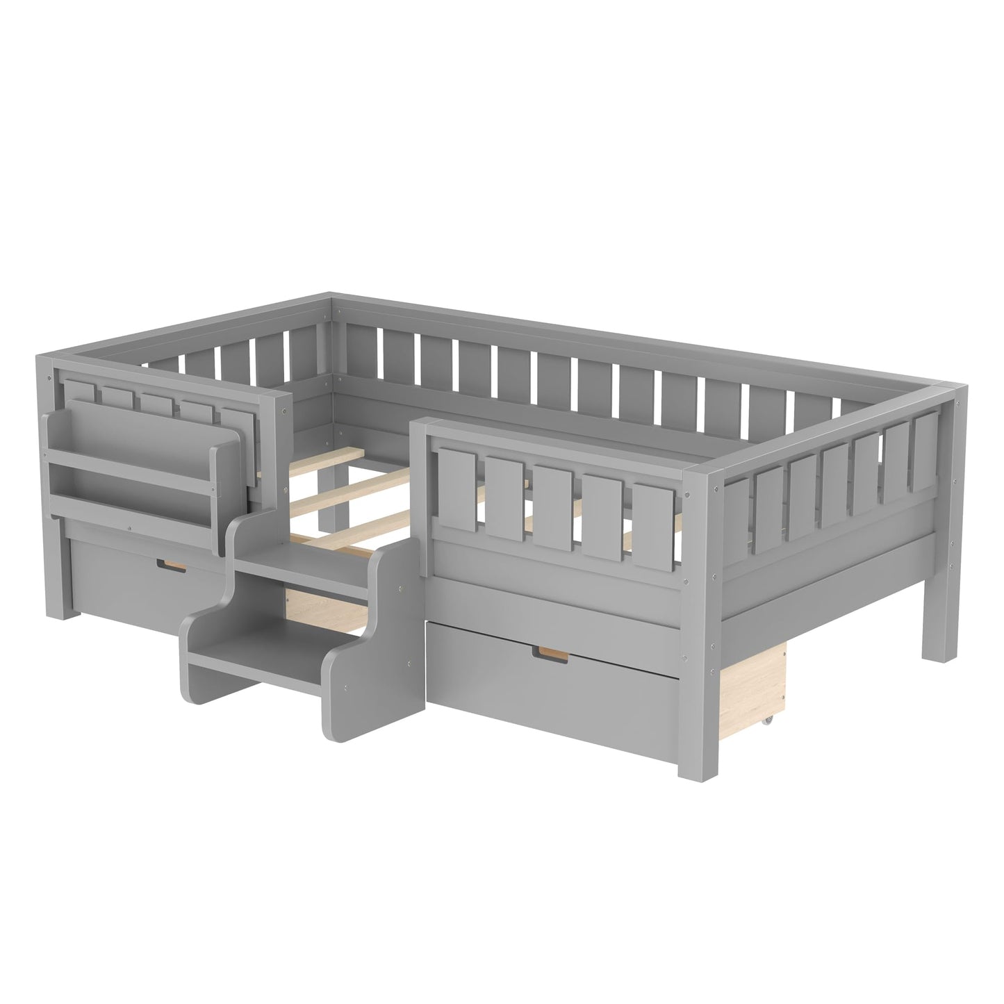 Bellemave Twin Bed with Slats and Stairs, Twin Size Platform Bed Frame with Fence, Bookshelf and Storage Drawers, Easy Assemble Beds for Kids, Girls, Boys, Gray