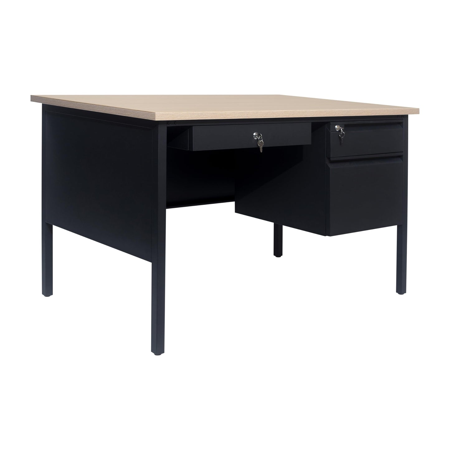 Flash Furniture Cambridge Right Side Single Pedestal Desk with 3 Locking Drawers, Commercial Grade Teacher's or Office Desk, 30x48, Metal Frame, White Oak/Black