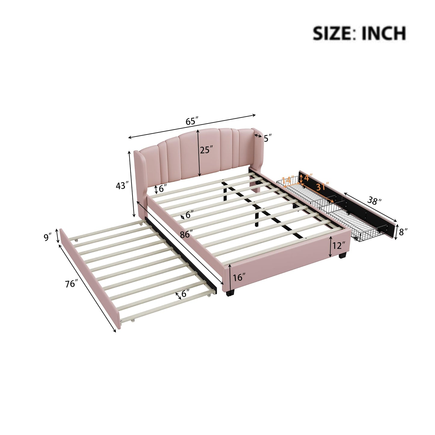 Merax Queen Size Platform Bed Frame with Twin Trundle, Storage 2 Drawers and Upholstered Headboard, No Box Spring Needed