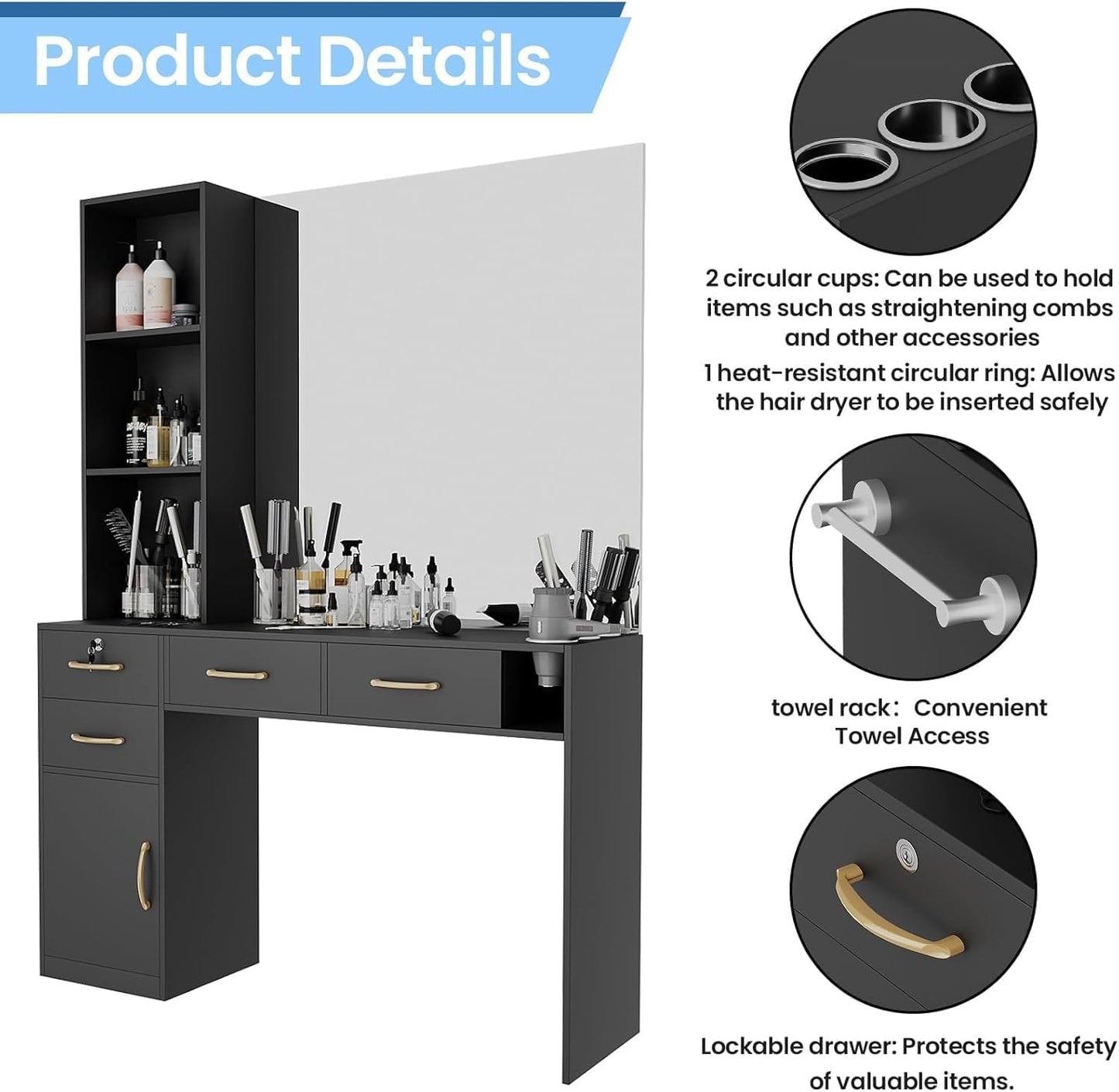 GOFEI Black Barber & Beauty Salon Station – Multi-Use Hair Styling Workstation with Cabinet, 4 Drawers, and Blow Dryer Rack – Ideal for Salons, Spas & Vanity Setups (No Mirror)