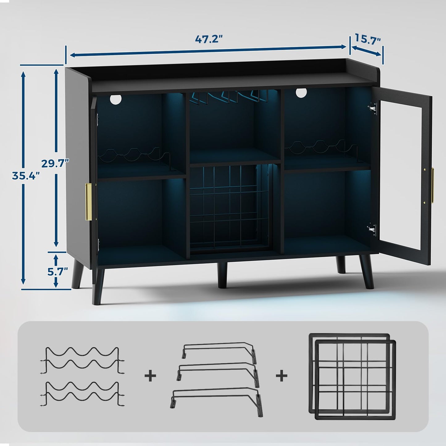 Patikuin Modern Wine Bar Cabinet with Adjustable LED Lighting, Glass Doors, Wine Rack & Glass Holder – Multi-Functional Freestanding Liquor Sideboard for Dining Room, Kitchen, Living Room – Color: