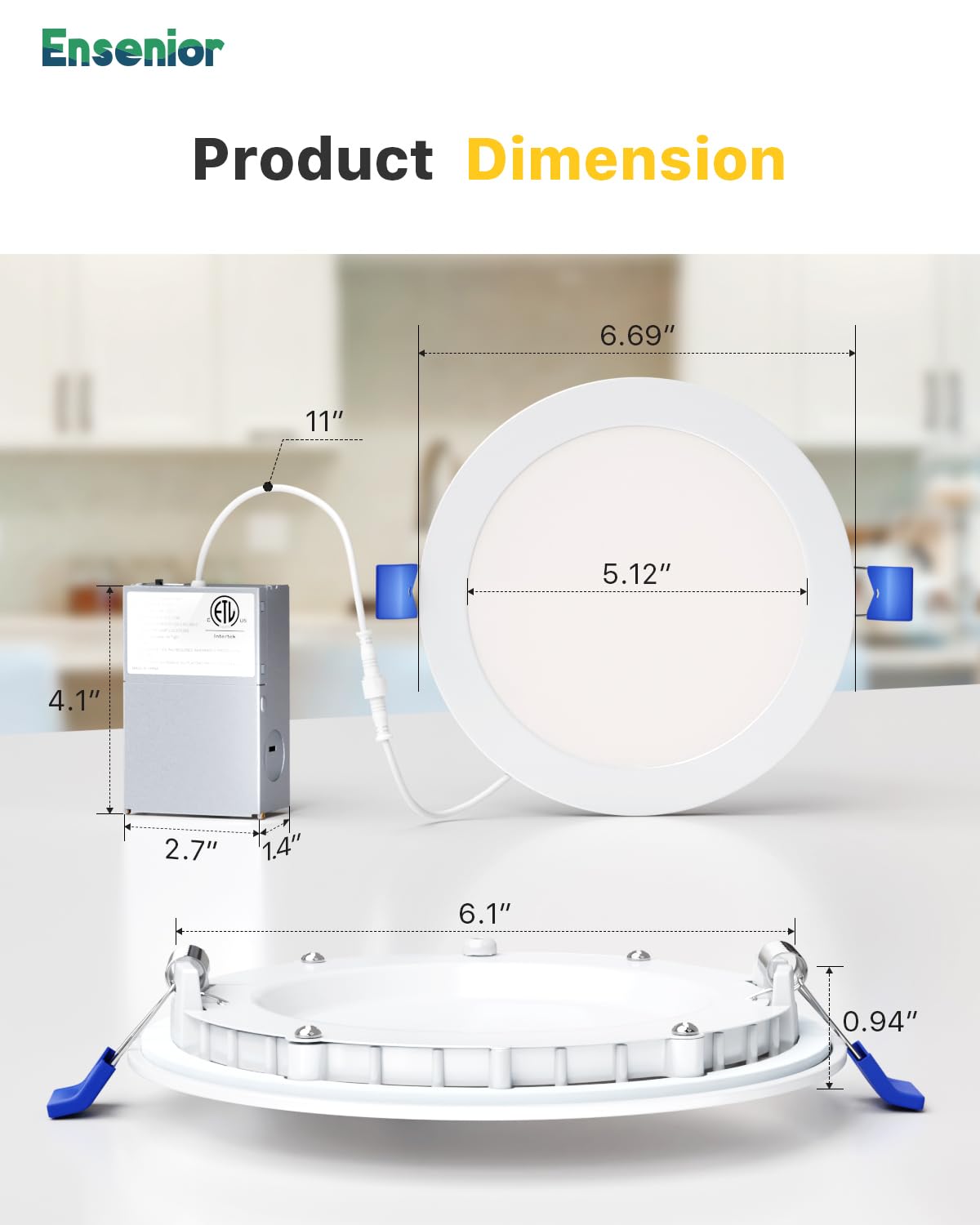 Ensenior 6 Inch Ultra-Thin LED Recessed Light, 12W Dimmable, 2700K-6000K Selectable, ETL Certified, Metal