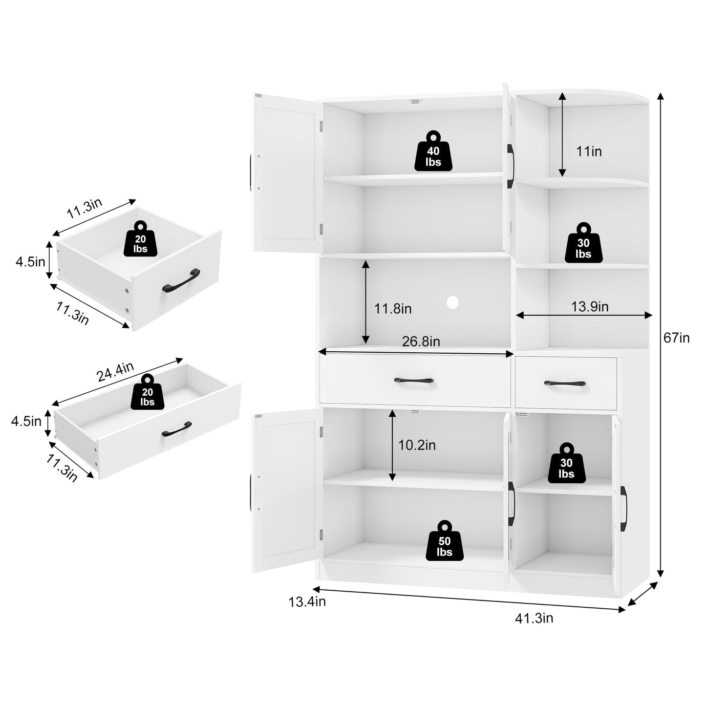 BOTLOG 67" Kitchen Pantry Cabinet, Modern Kitchen Hutch with 5 Doors and 2 Drawers, 3-Tier External Shelf, Large Pantry Storage Cabinet with Microwave Stand for Dining Room (White)