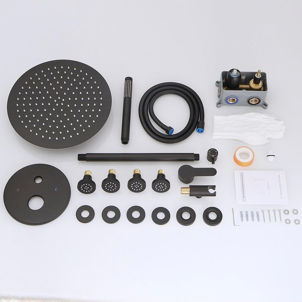 HXYHS Matte Black Round Shower Faucet Set with Body Jets 12 Inch Shower Head Handheld Shower Combo Set High Pressure Ceiling Mount with Rough-in Valve