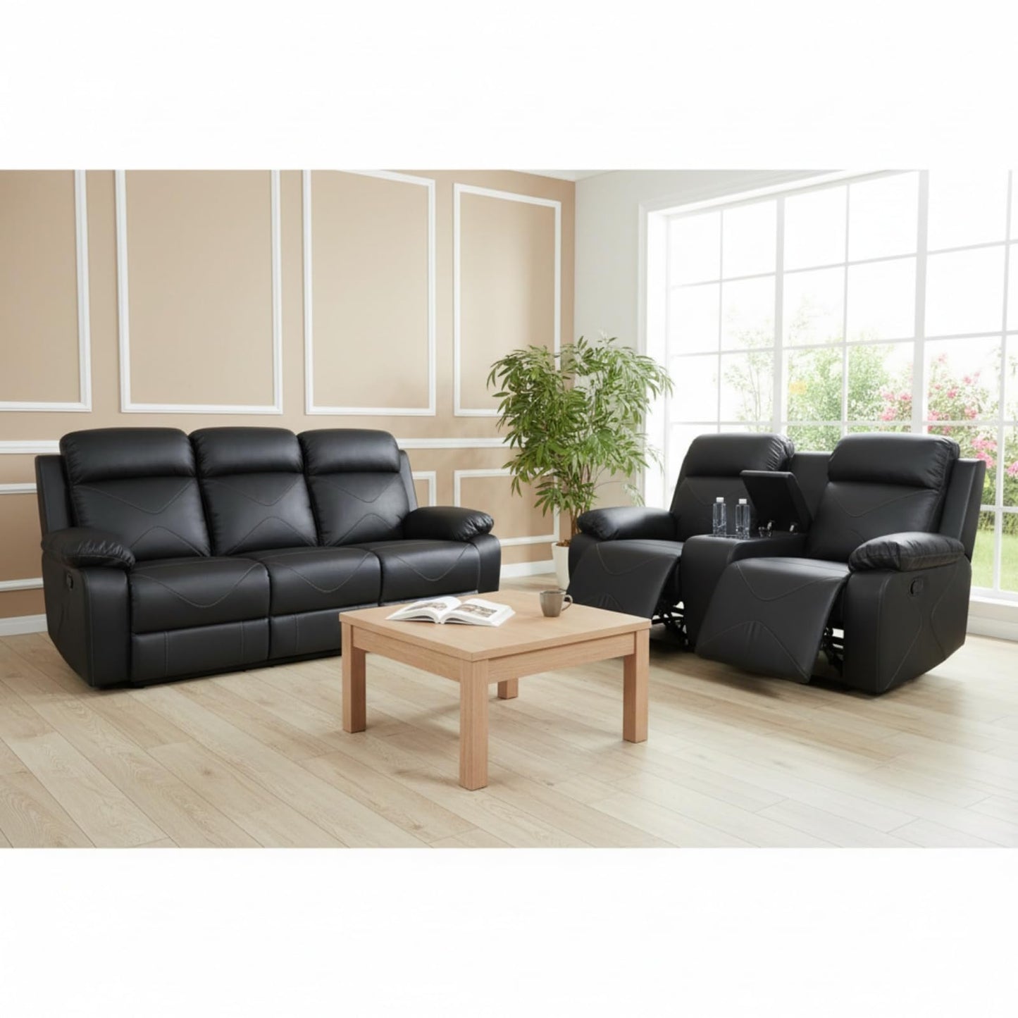 Trygoal Manual Recliner Sofa Set, Leather Reclining Living Room Furniture Set, Adjustable Backrest Reclining Loveseat Sofa and a 3 Seater Couch Furniture Set for Living Room, Home Theater, Black