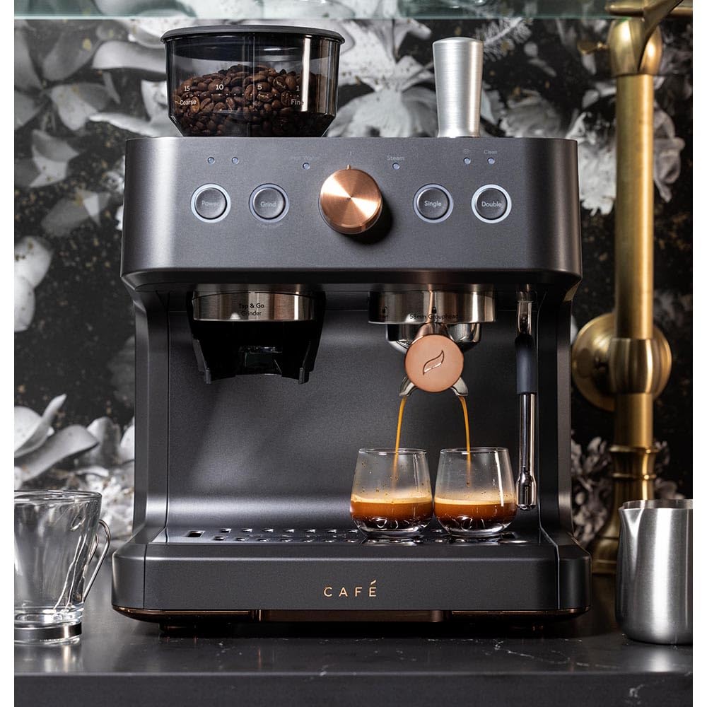 Café Bellissimo Semi Automatic Espresso Machine with Grinder & Milk Frother | Copper Accents | WiFi App Control | Large 95oz Tank | Matte Black