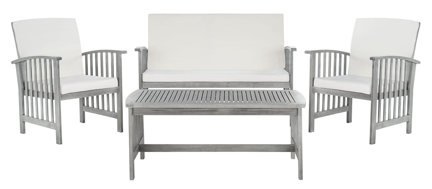 SAFAVIEH Outdoor Collection Rocklin Grey Wash/ Beige 4-Piece Conversation Patio Set with Cushions
