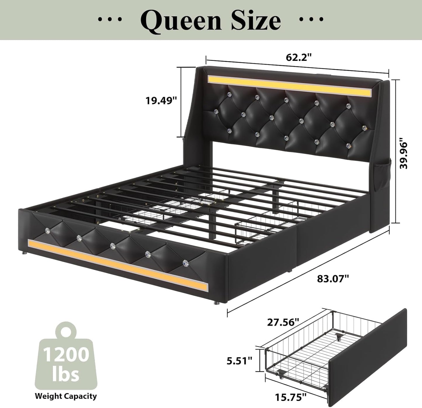 GDFStudio Queen Bed Frame with 2 Storage Drawers & Charging Station, Faux Leather Upholstered Platform Bed Frame with LED Wingback Diamond Headboard, Metal Slats Support, No Box Spring Needed, Black