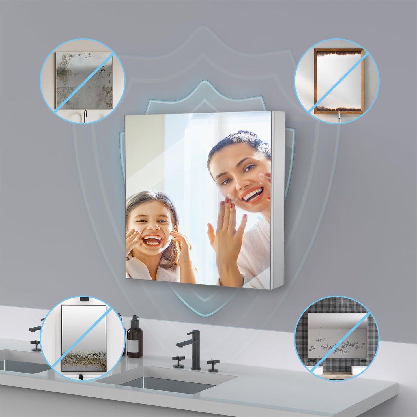 Sunrosa Medicine Cabinet with Mirror, 30" W x 31.5" H, 2 Asymmetrical Doors, Wall-Mounted & Recessed Bathroom Medicine Cabinet with Tempered Glass Mirror