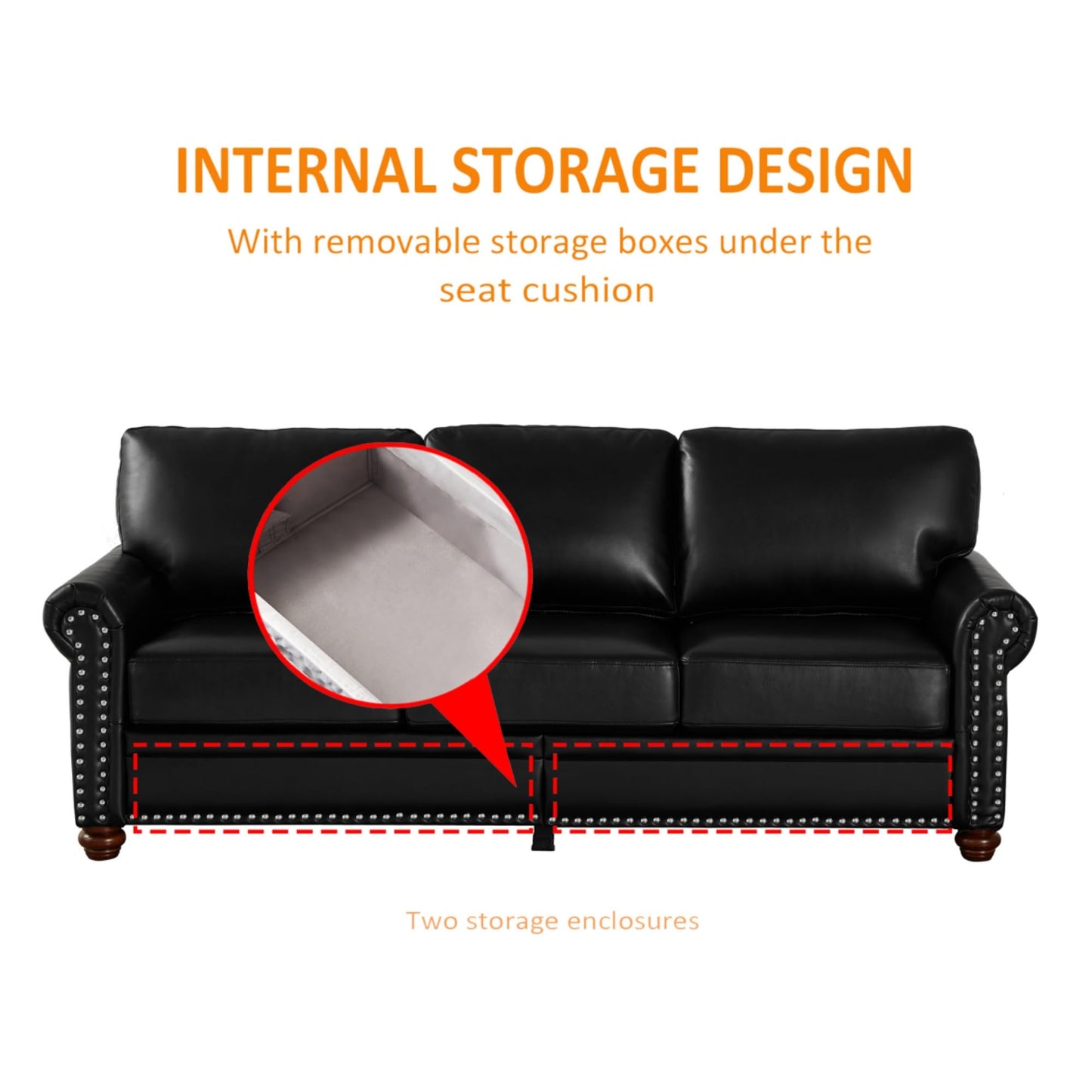 KEIKI 82.68" Chesterfield Sofa, Retro Style Upholstered Faux Leather PU Couch with Storage Space, Rolled Arm, Nailhead for Living Room Bedroom Office Apartment, Black